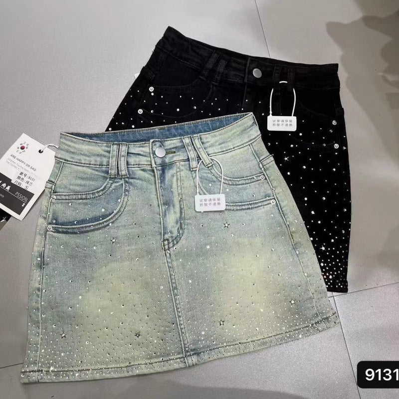 Retro Rhinestone Bright Star River Slim-fit Slimming Denim Skirt - Dana Fashion