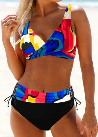 New Split Large High Waist Rainbow Striped Bikini Swimsuit - DanaFashionstore
