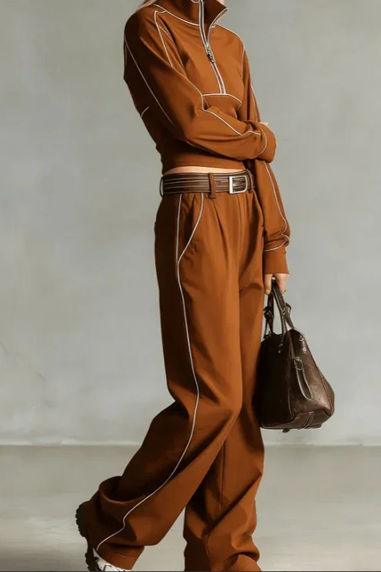 Stand-up Collar Short Zip-up Top Wide-leg Pants Casual Sportswear Set - DanaFashionstore