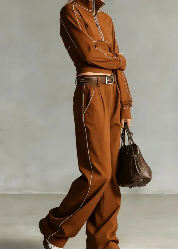 Stand-up Collar Short Zip-up Top Wide-leg Pants Casual Sportswear Set - DanaFashionstore