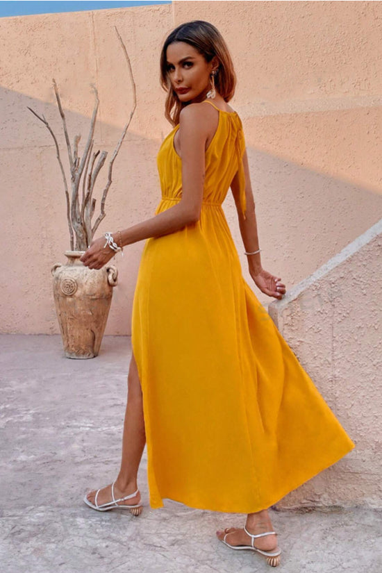 Women Solid Color Slit Thigh Strap Dress