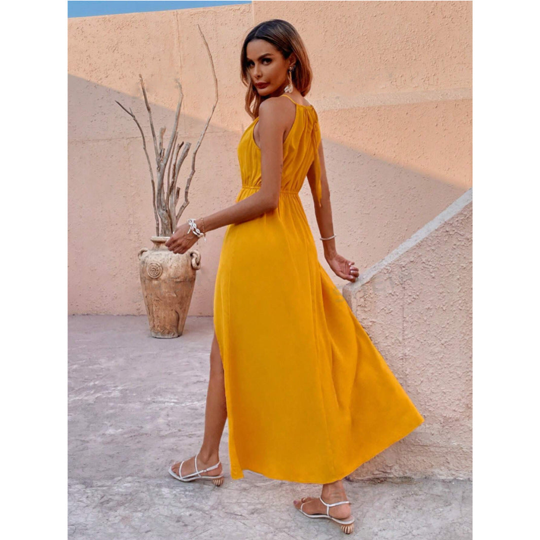 Women Solid Color Slit Thigh Strap Dress
