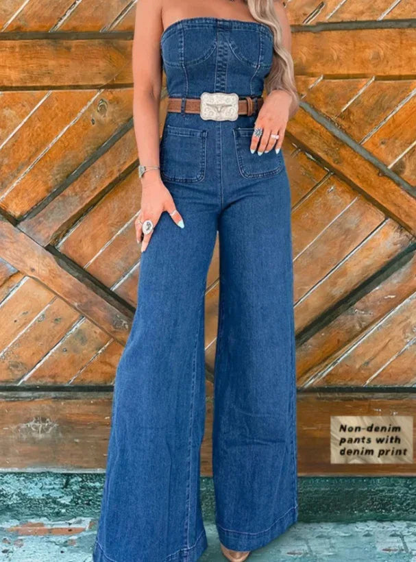 Tube Top Denim Print Wide-Leg Jumpsuit - DanaFashionstore