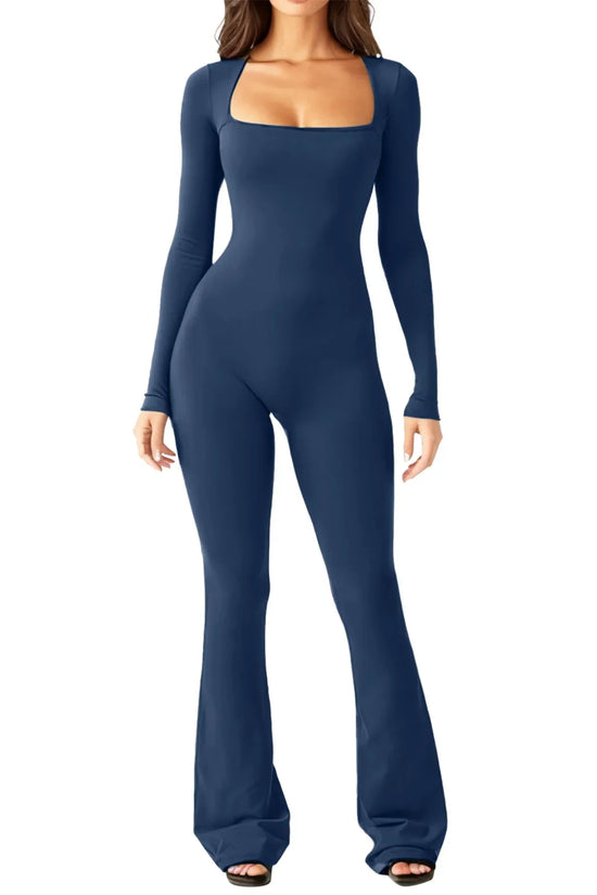 Women Long Sleeve Belly Waist Shaping And Hip Lift Square Collar Wide Leg High Elastic Jumpsuit - DanaFashionstore