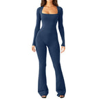 Women Long Sleeve Belly Waist Shaping And Hip Lift Square Collar Wide Leg High Elastic Jumpsuit - DanaFashionstore