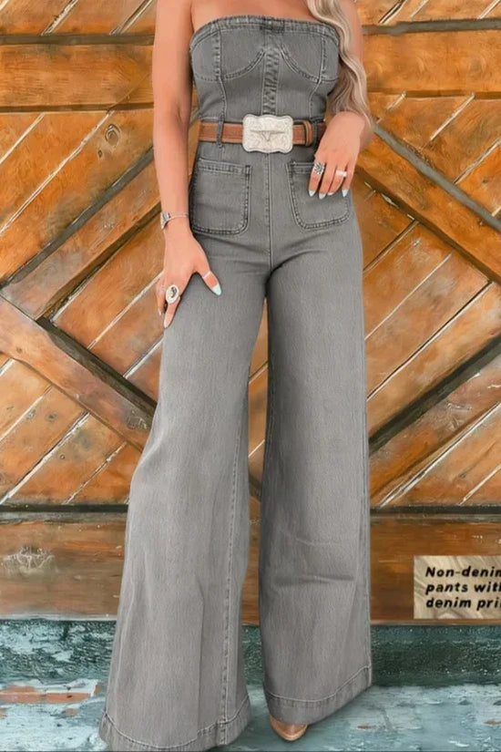 Tube Top Denim Print Wide-Leg Jumpsuit - DanaFashionstore