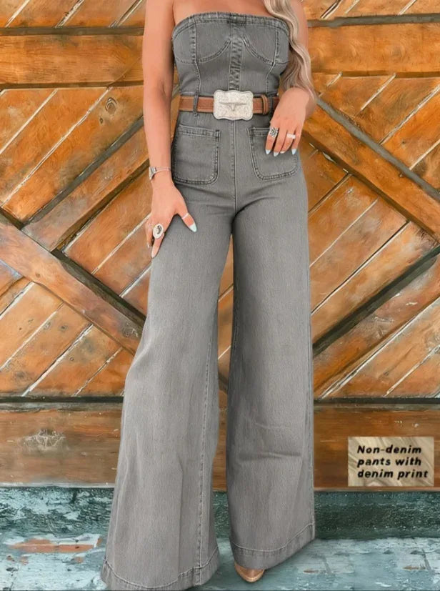 Tube Top Denim Print Wide-Leg Jumpsuit - DanaFashionstore