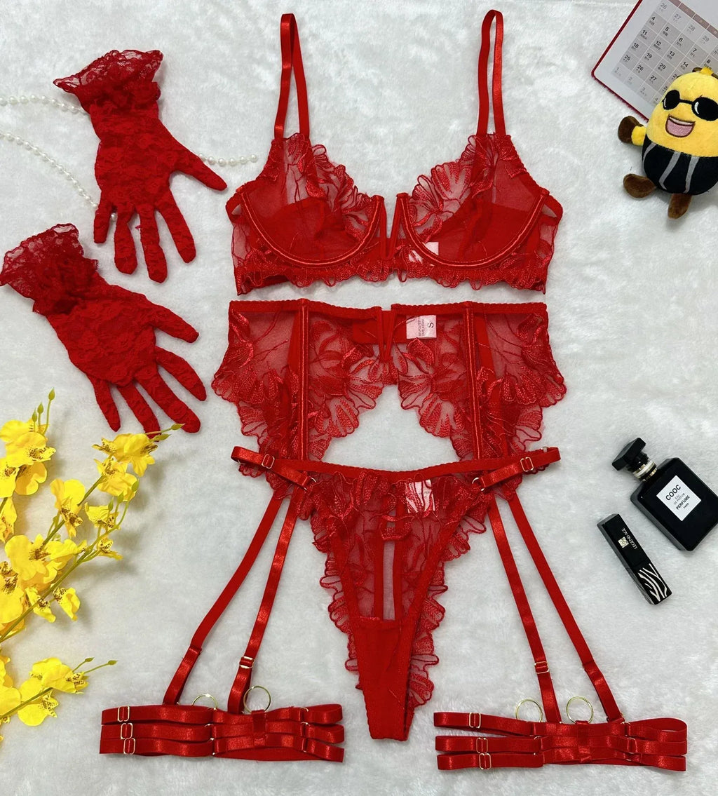 Lace Hollow Out See-through Underwear Underwear Garter Split Five-piece Set - DanaFashionstore