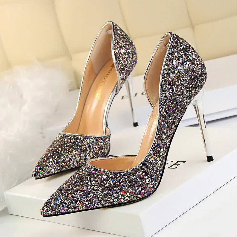 Skinny Women's Shoes Stiletto Heel Shallow Mouth Pointed Side Hollow-out Sequin - DanaFashionstore