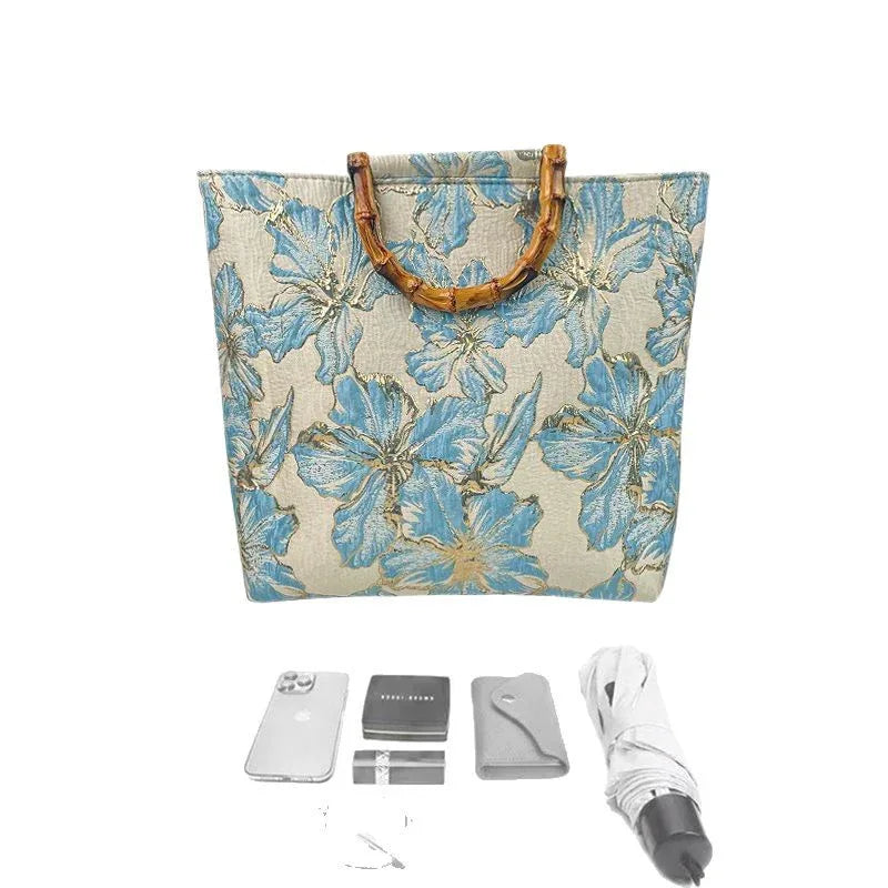 Women's Light Blue Bronzing Flower Canvas Bag - DanaFashionstore