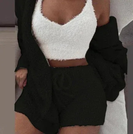 3pcs Womens Clothing Long Sleeve Crop Tank Top And Drawstring Shorts Pajama Set - DanaFashionstore