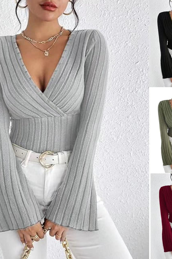 Women's Autumn And Winter Rib Sunken Stripe V-neck Flared Slim-fit Long Sleeve T-shirt Elegant Women's Top