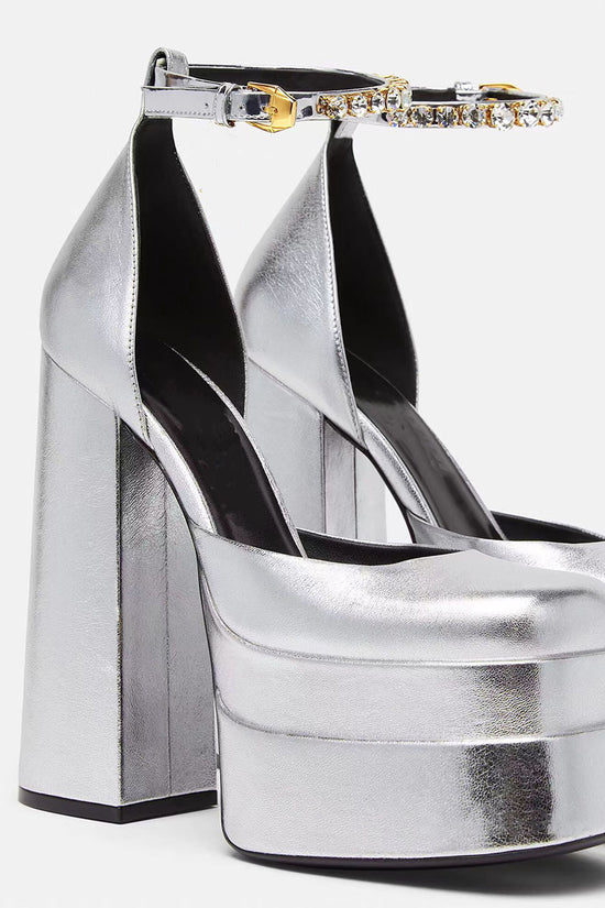 Golden Square Head Hollow Waterproof Platform Buckled Chunky Heel Super High Heel