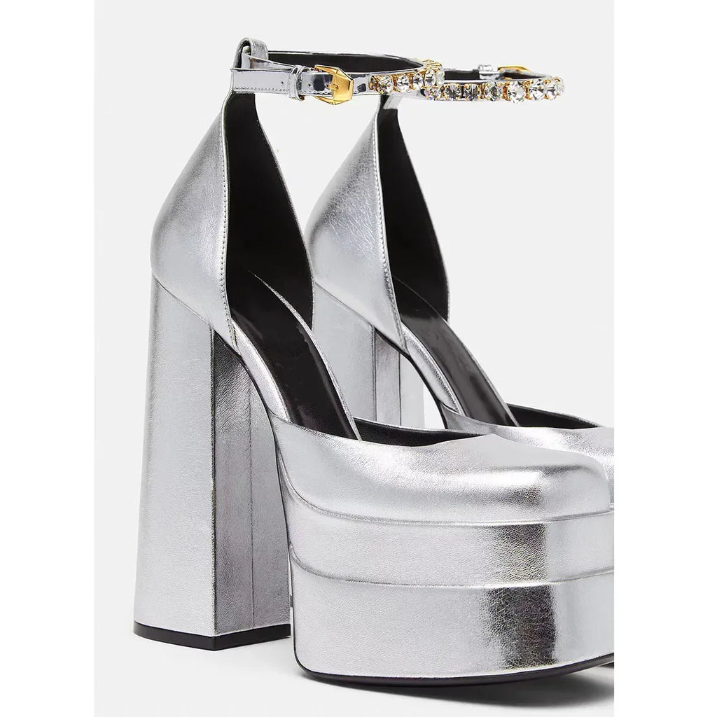 Golden Square Head Hollow Waterproof Platform Buckled Chunky Heel Super High Heel - DanaFashionstore