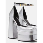 Golden Square Head Hollow Waterproof Platform Buckled Chunky Heel Super High Heel - DanaFashionstore