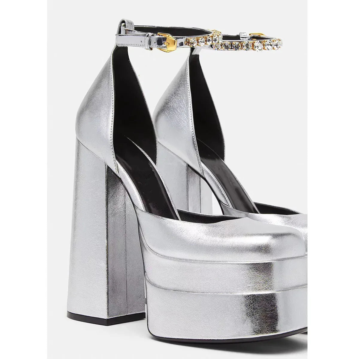Golden Square Head Hollow Waterproof Platform Buckled Chunky Heel Super High Heel - DanaFashionstore