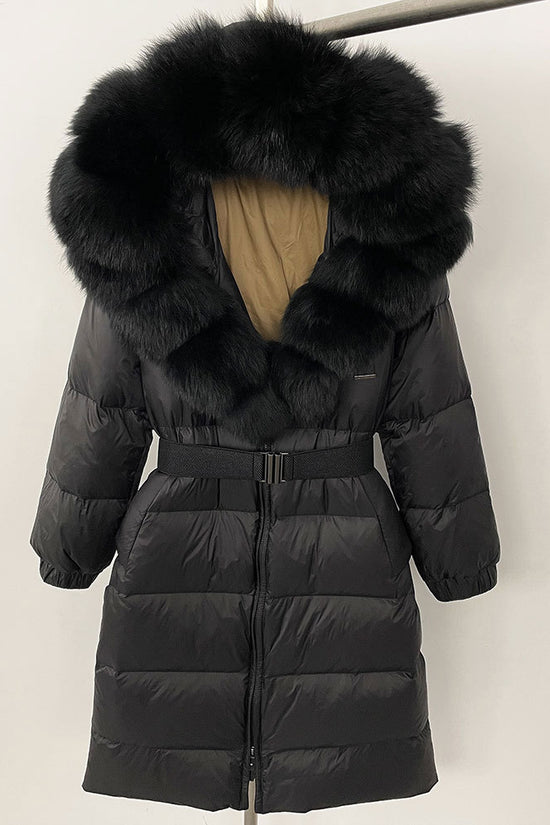 Women's Long Cinched Hoodie Real Fox Fur Collar Coat