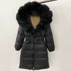 Women's Long Cinched Hoodie Real Fox Fur Collar Coat 2026 - Winter Jacket - DanaFashionstore