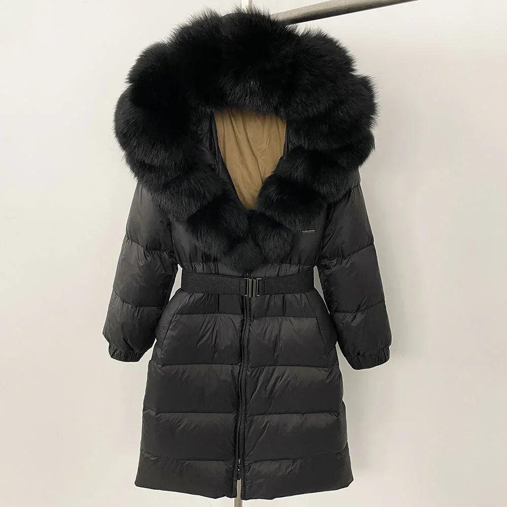 Women's Long Cinched Hoodie Real Fox Fur Collar Coat 2026 - Winter Jacket - DanaFashionstore