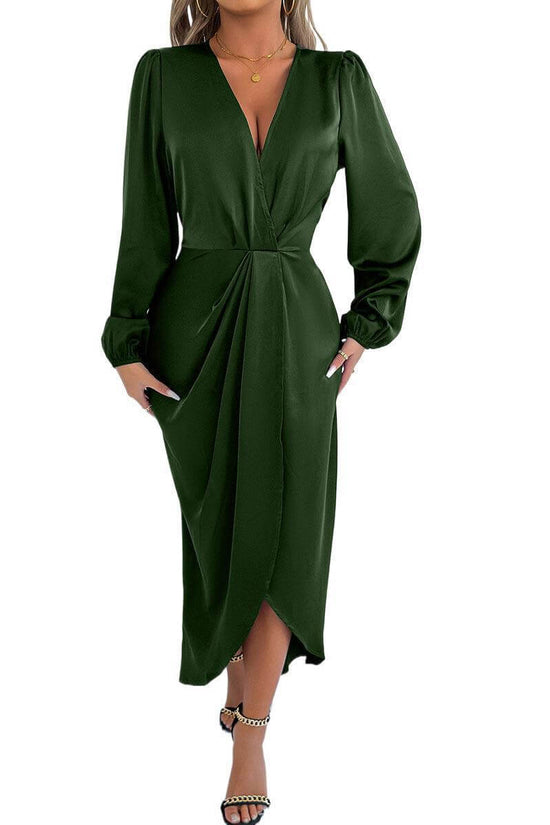 Satin European And American Style Dress High-grade $47.06 Dana Fashion Color: Army Green Size: L Women's clothing Product information: Color: khaki, Brown, Army Green, Rose Red, green, orange, pink, blue Waist type: high waist Size: XS,S,M,L,XL,XXL Sleeve