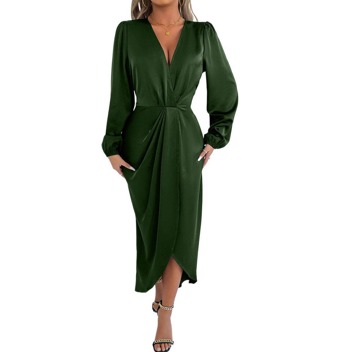 Satin European And American Style Dress High-grade $47.06 Dana Fashion Color: Army Green Size: L Women's clothing Product information: Color: khaki, Brown, Army Green, Rose Red, green, orange, pink, blue Waist type: high waist Size: XS,S,M,L,XL,XXL Sleeve