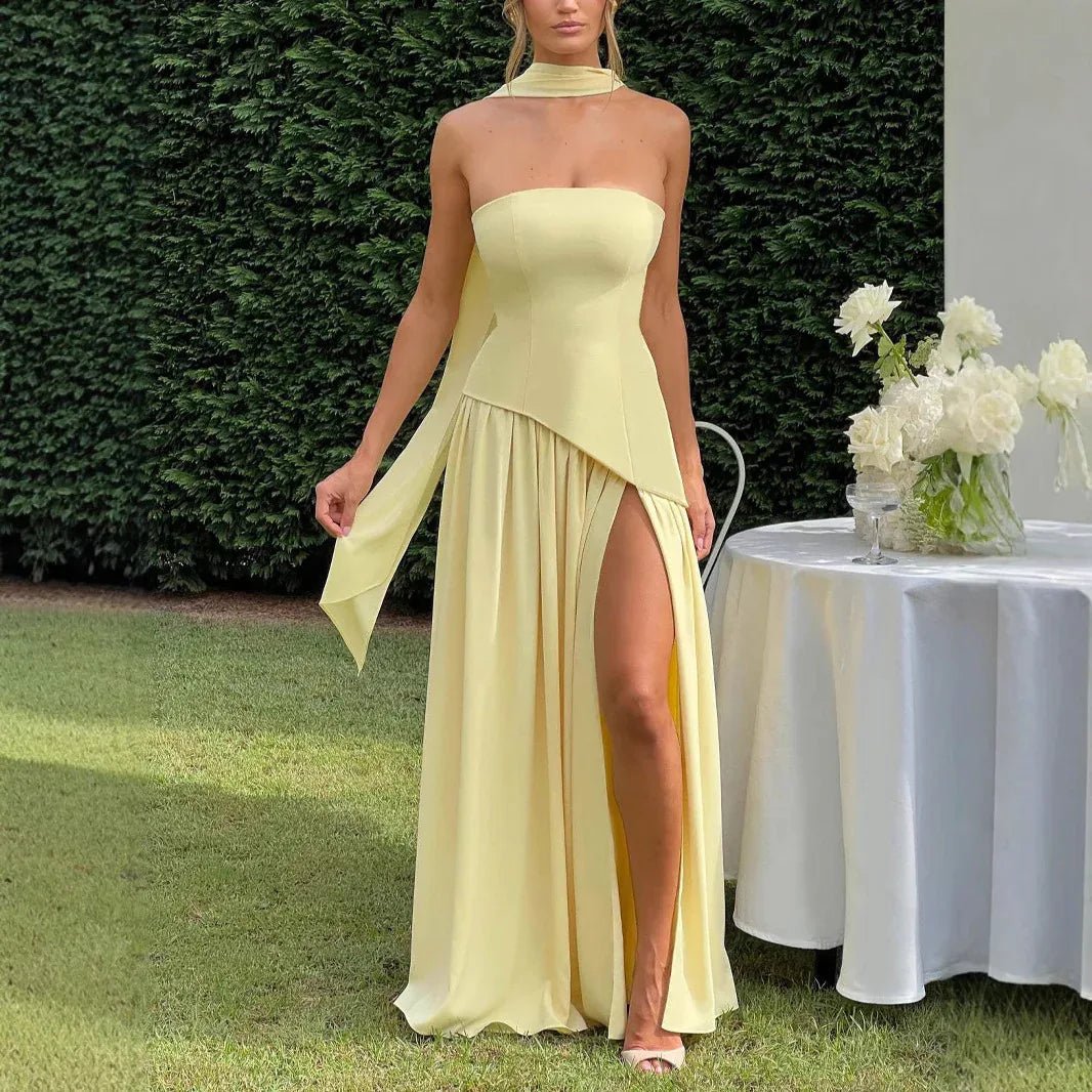 Fashion Sexy Backless Tube Top Pure Color Split Dress - DanaFashionstore