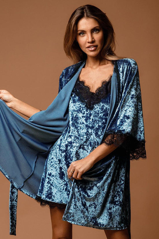 Gold Velvet Sling Lace Mid-length Nightdress Cardigan Waist Waist Nightgown - Dana Fashion