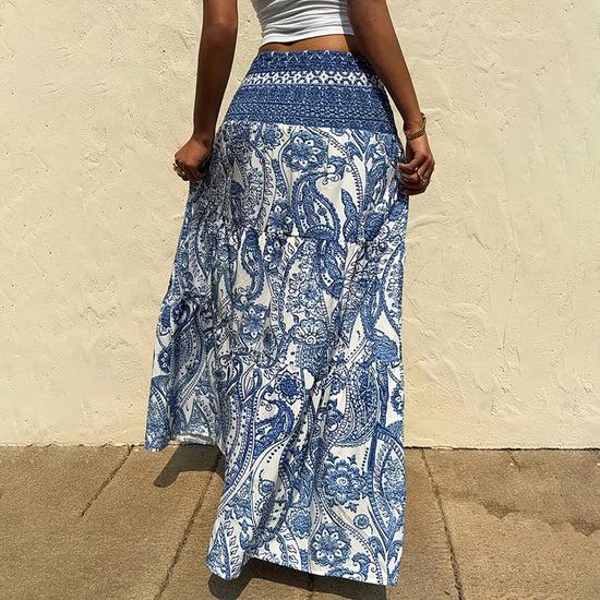 Women's Boho Floral Print Maxi Skirt - Elastic Waist A-Line Long Skirt For Spring&Summer Casual Beach Skirt - Dana Fashion