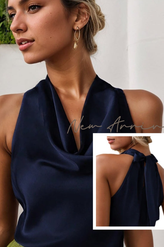 Women Solid Color Swing Collar Sleeveless Vest Trendy Elegant Shirt With Halter Neckline Backless Short Sleeve Tops Tshirts
