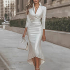 Elegant Solid-color Long-sleeve V-neck Satin Dress