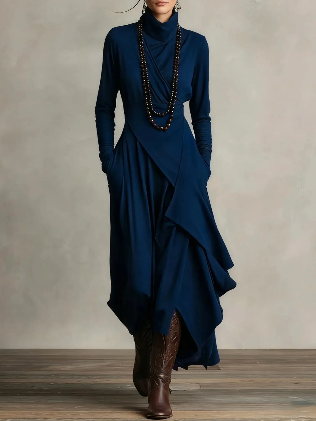 Women's Solid Color Cross-sleeve High-neck Dress - DanaFashionstore