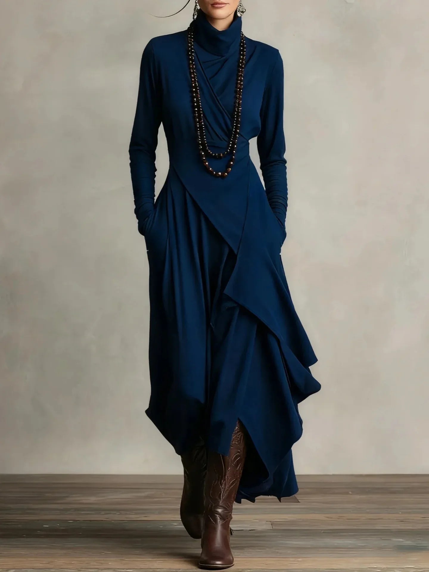 Women's Solid Color Cross-sleeve High-neck Dress - DanaFashionstore