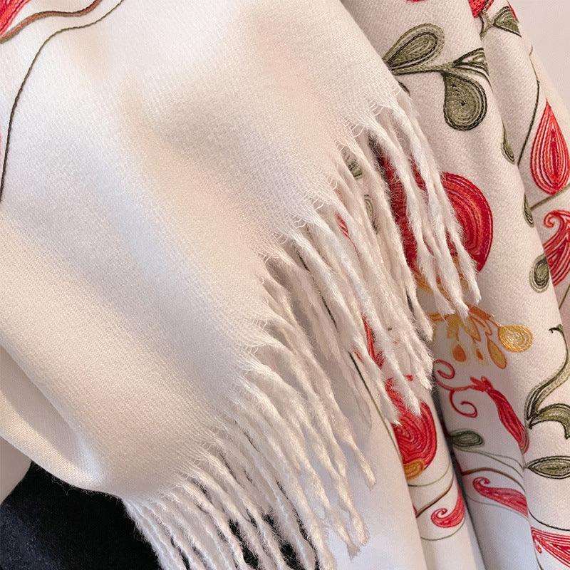 Contrast Color Pomegranate Leaf Embroidered Double-sided Shawl - DanaFashionstore