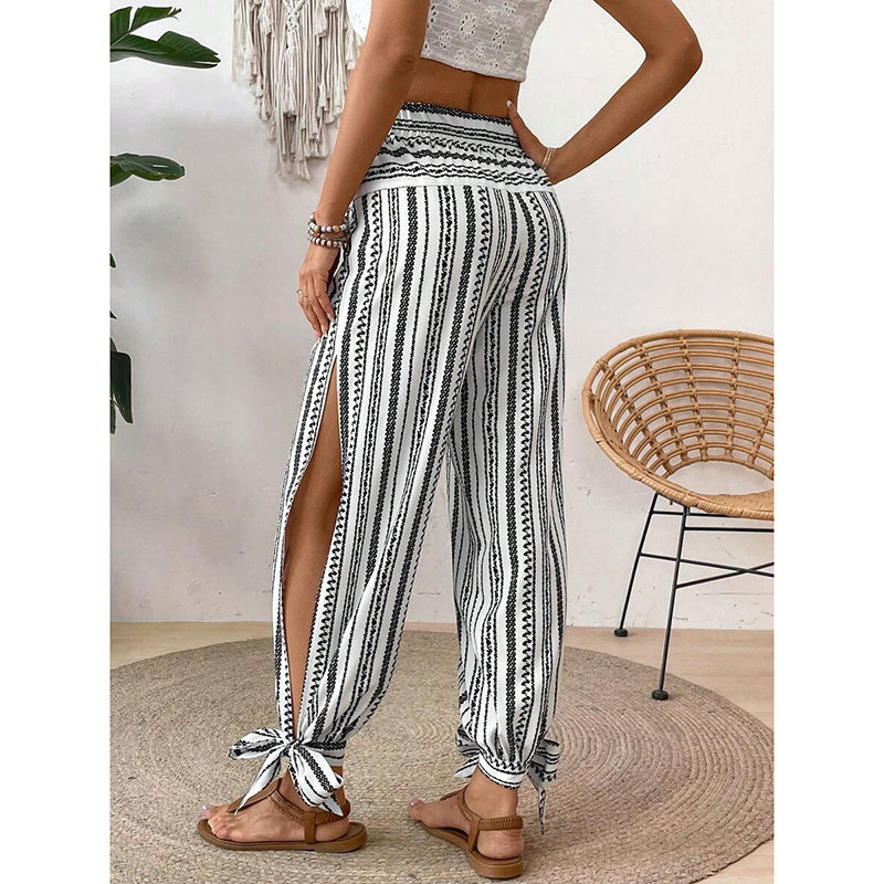 Women's Fashion Striped Long Pants Side-Slit Design Trendy Casual Trousers - Dana Fashion