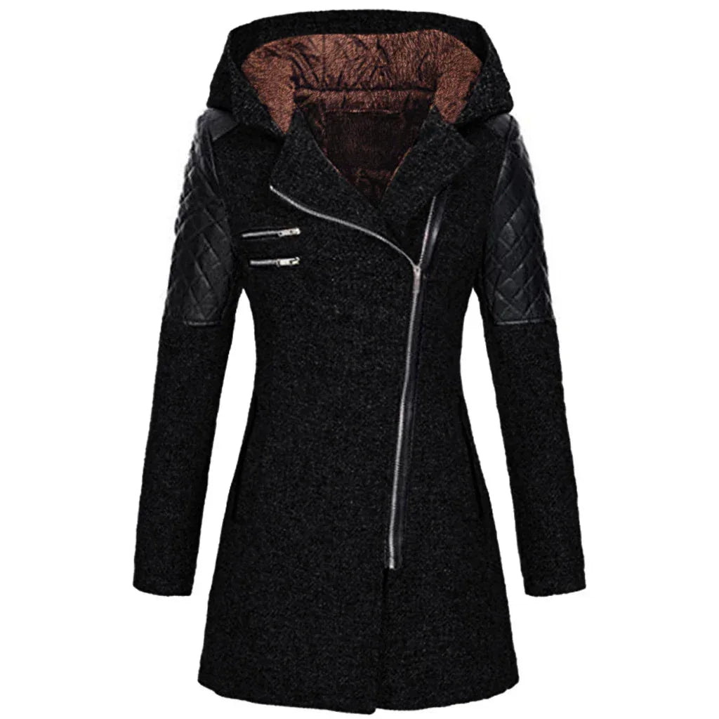 Women Warm Slim Full Zipper Coat Thick Woolen Coat Female Fall Winter Windbreaker Hooded Diagonal Zipper Women's Clothing - DanaFashionstore
