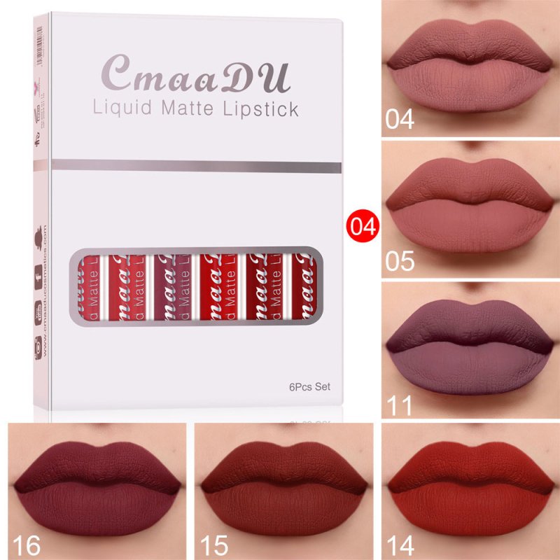 6 Boxes Of Matte Non-stick Cup Waterproof Lipstick Long Lasting Lip Gloss $9.99 Dana Fashion style: D makeup Product Information: Shelf life: 36 months Ingredients: Multivitamins Box packing size: Length: 85mm Width: 15mm Height: 107mm 6 boxed weight: abo