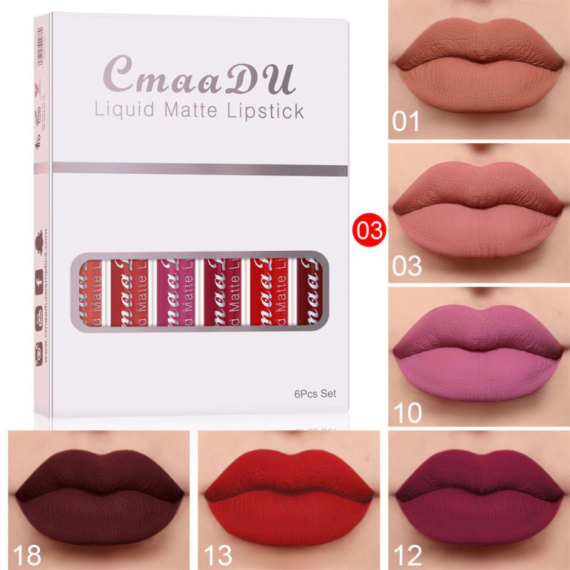 6 Boxes Of Matte Non-stick Cup Waterproof Lipstick Long Lasting Lip Gloss $9.99 Dana Fashion style: C makeup Product Information: Shelf life: 36 months Ingredients: Multivitamins Box packing size: Length: 85mm Width: 15mm Height: 107mm 6 boxed weight: abo