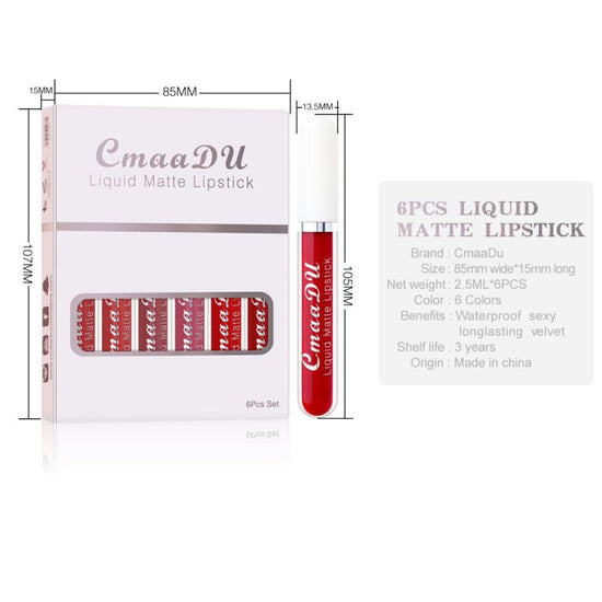 6 Boxes Of Matte Non-stick Cup Waterproof Lipstick Long Lasting Lip Gloss $9.99 Dana Fashion style: A makeup Product Information: Shelf life: 36 months Ingredients: Multivitamins Box packing size: Length: 85mm Width: 15mm Height: 107mm 6 boxed weight: abo