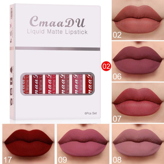 6 Boxes Of Matte Non-stick Cup Waterproof Lipstick Long Lasting Lip Gloss $9.99 Dana Fashion style: B makeup Product Information: Shelf life: 36 months Ingredients: Multivitamins Box packing size: Length: 85mm Width: 15mm Height: 107mm 6 boxed weight: abo