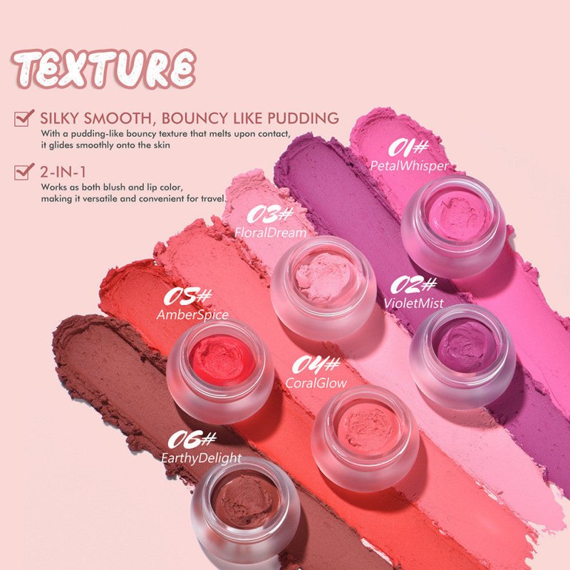 6 Colors Mousse Pudding Blush Mud Delicate $18.73 Dana Fashion Color Number: 01 Color makeup Product information: Net content: 3.5G Category: Blush Color number: six colors Shelf life: 3 years Packing list: Blush X1pcs Product Image: