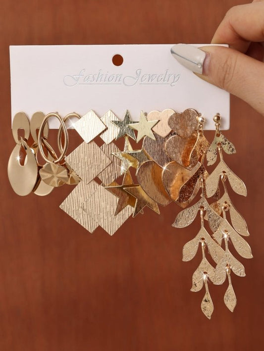 6-piece Set Of Earrings With Polygonal Leaves, Long, Multi-layered Tassel Earrings, Simple And High-end Earrings $35.37 Dana Fashion Color: Gold Women's Accessories Product information: Material: Alloy Style: European and American Style: Women's Modeling: