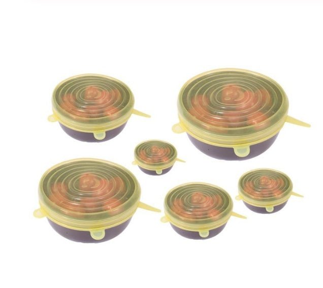 6-piece stretch siliconecover $9.57 Dana Fashion Color: Special Yellow Size: Set Dana's Kitchen Cookware Parts Type:Lids Material:food grade Silicone Temperature : -40F to +446F (-40c to +230c) Material :BPA free 100% Food Grade Silicone Advantage:Heat re