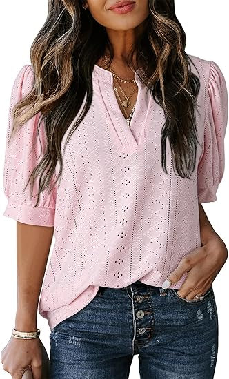 Women's Summer Business Casual Blouse V-neck Short Sleeve Shirt