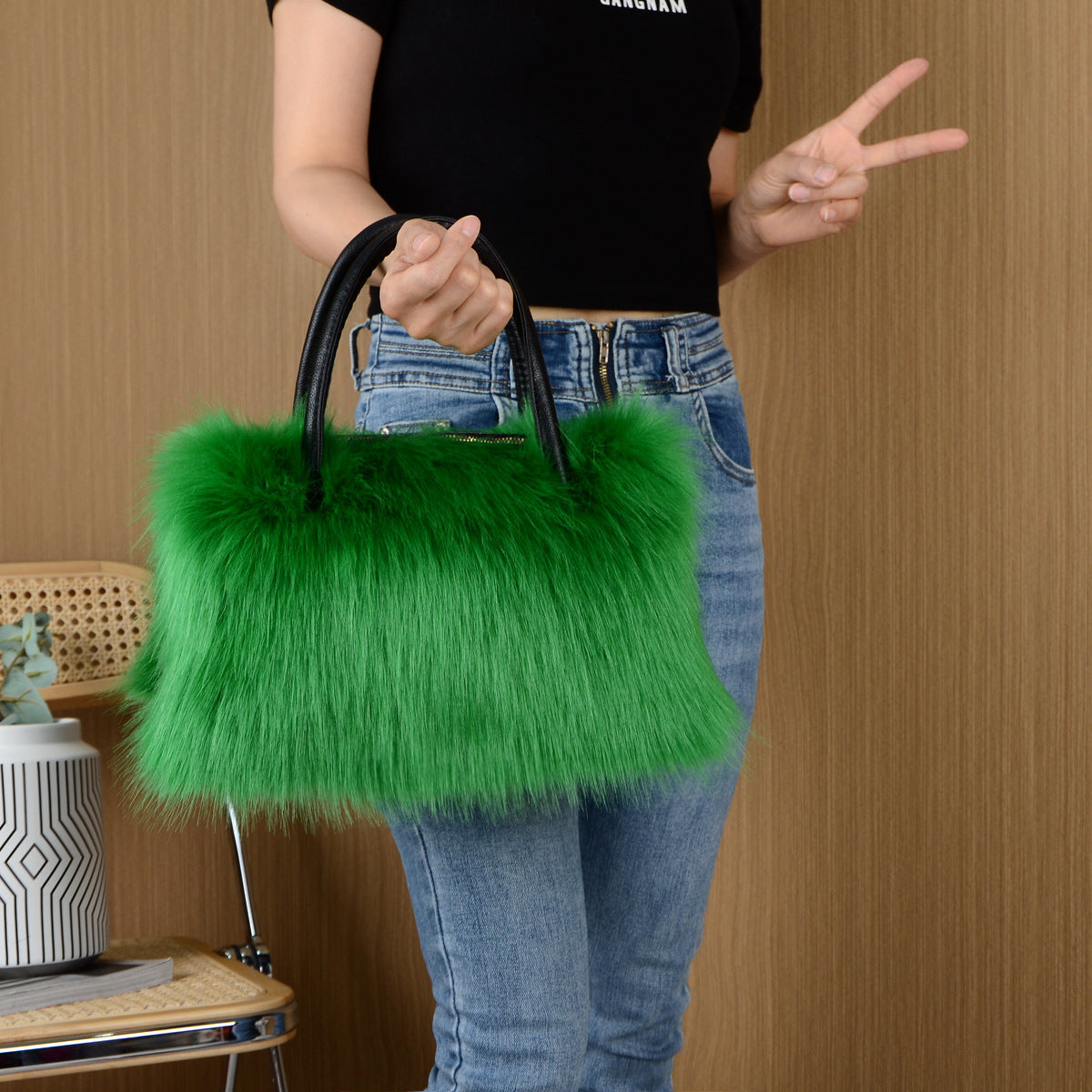 High-end Hand-carrying Square Plush Bag Fur Raccoon Fur Handbag Large Capacity - Dana Fashion