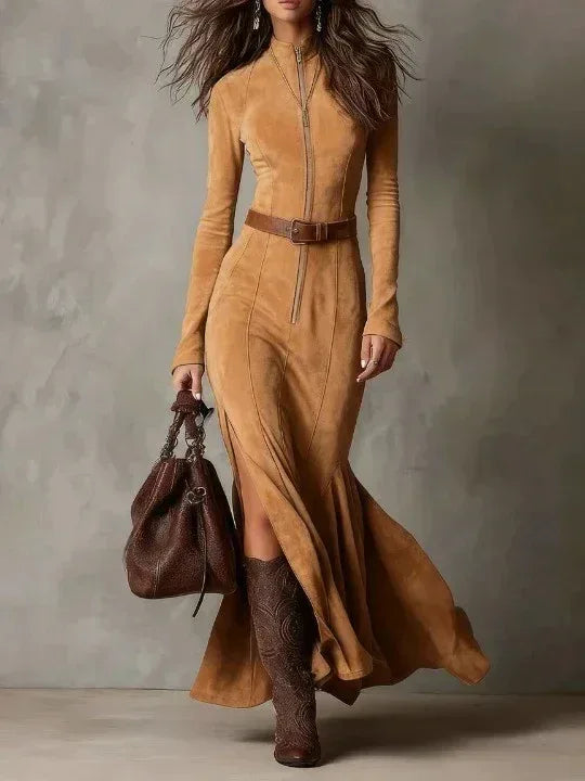 Slim Zipper Dress Elegant Temperament Split Long-sleeved Dresses Cowboy Fashion Retro Women's Clothing - DanaFashionstore
