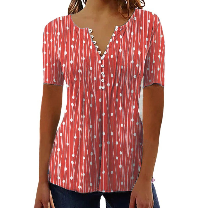 European And American Spring And Summer V-collar Polka Dot Short Sleeve
