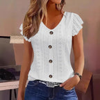 Solid Color Jacquard V-neck Buttons Long Sleeve T-shirt - DanaFashionstore
