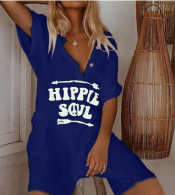 Women's V-neck Letter Print Side Pocket Jumpsuit