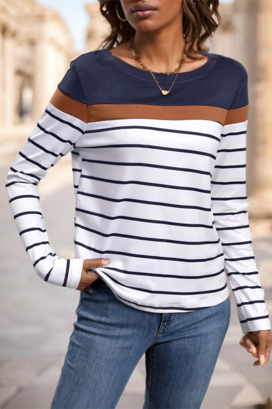 Women's Round Neck Striped Long Sleeve T-Shirt