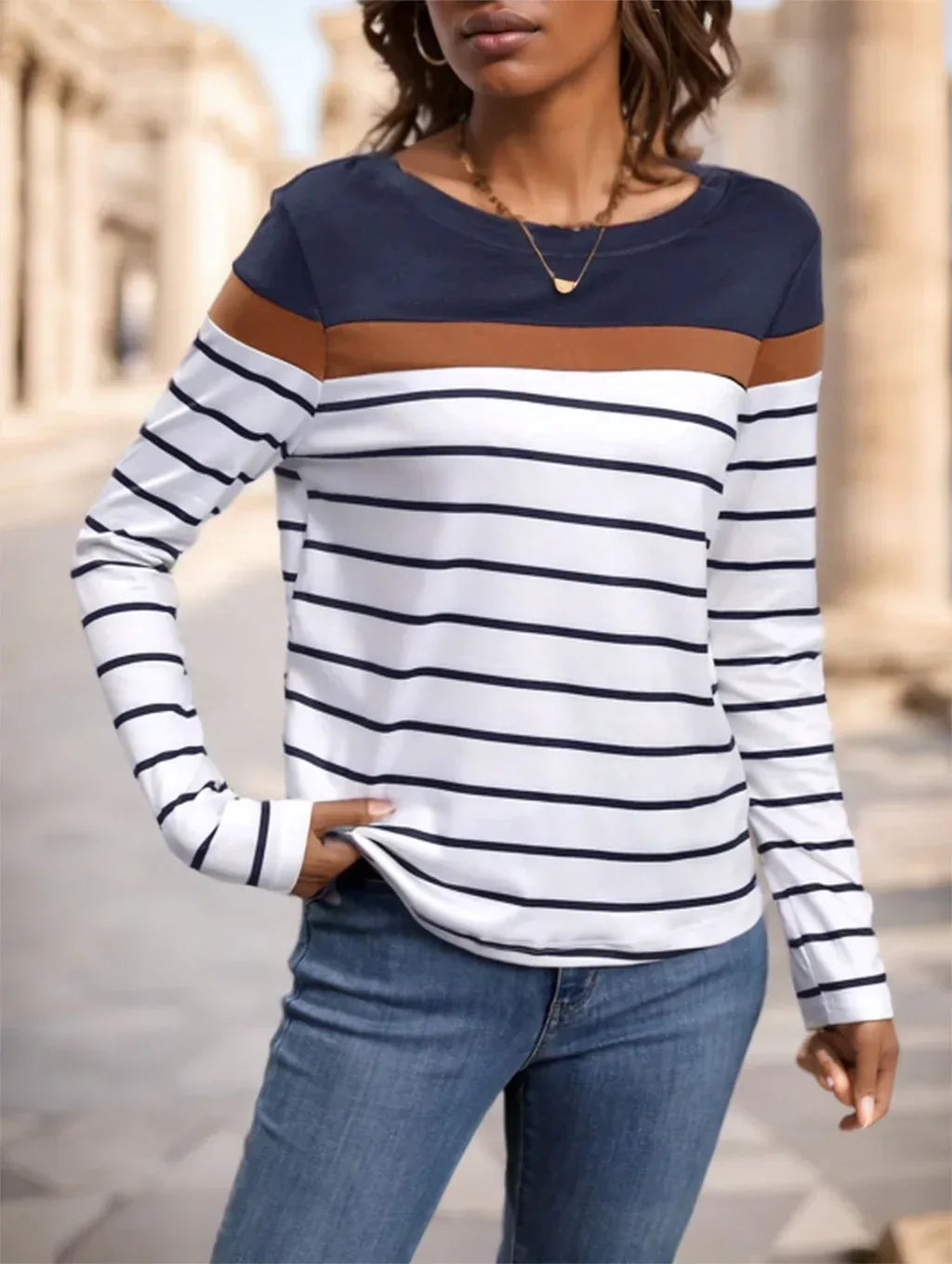 Women's Round Neck Striped Long Sleeve T-Shirt - DanaFashionstore
